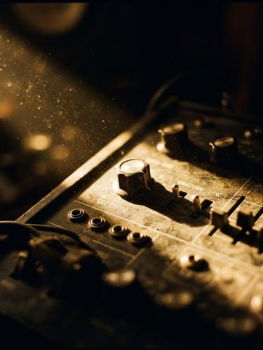 Extreme close-up of a vintage analog synthesizer, dust motes suspended in a single sharp shaft of golden studio light, high-contrast chiaroscuro, anamorphic lens, 35mm film grain