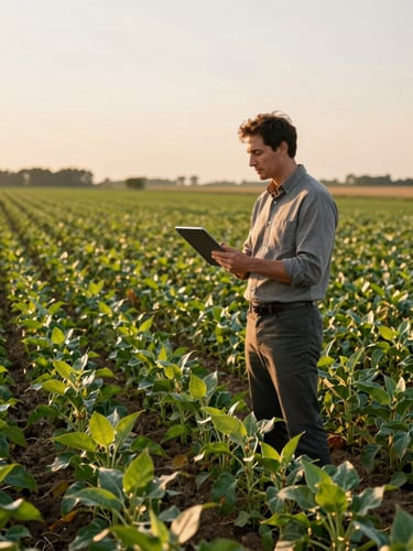 An agricultural consultant standing in a lush green soybean field during golden hour, holding a tablet, looking at the crops, professional editorial photography style.