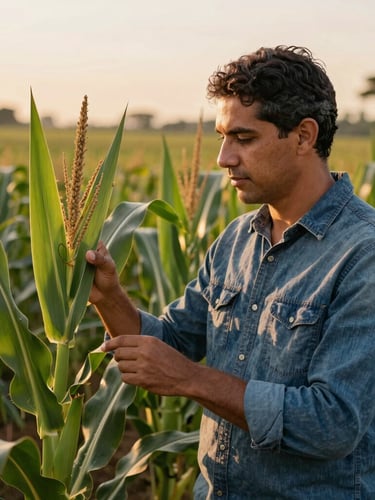 Portrait shot of a Brazilian agronomist in a denim shirt examining healthy green corn leaves in a field during late afternoon sun, golden light, natural and authentic