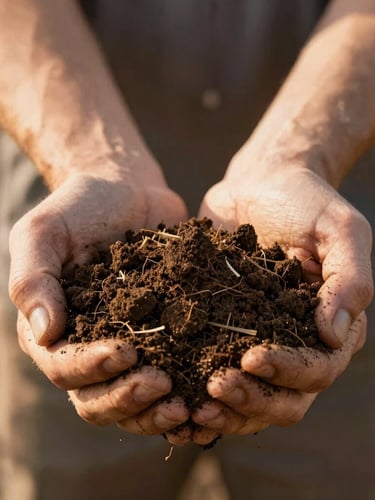 Close-up of healthy soil being held in expert hands, rich earth tones, high-detail agricultural texture, warm natural golden hour light.