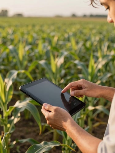 Análise de dados agrícolas em tablet no meio de uma plantação de soja saudável, iluminação natural de fim de tarde, foco nítido nas mãos do produtor.