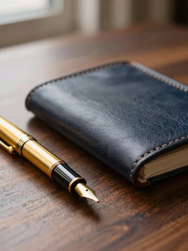 Macro shot of high-quality dark leather and a brass fountain pen on a dark wooden desk, soft natural side lighting, warm editorial style