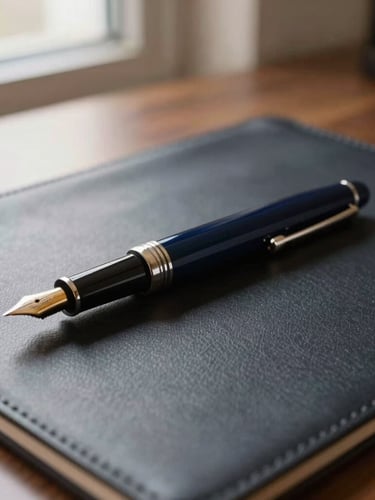 Close-up of a fountain pen resting on a dark leather desk pad, soft side window light, deep shadows, premium boardroom atmosphere, shallow depth of field