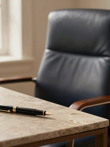 Elegant close-up of a high-end dark leather chair and a fountain pen on a textured stone desk, soft directional side lighting, warm editorial style.