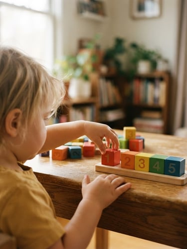 Over-the-shoulder shot of a young child's hands arranging wooden counting blocks on a clean wooden desk, soft natural morning daylight streaming from a side window, warm editorial style, shallow depth of field, 35mm photograph