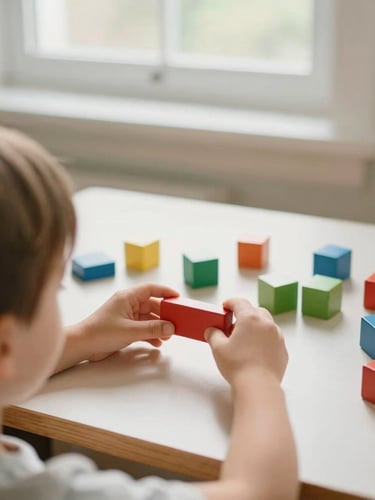 Over-the-shoulder view of a child arranging colorful wooden blocks on a clean desk, soft natural window light, warm editorial style, 35mm