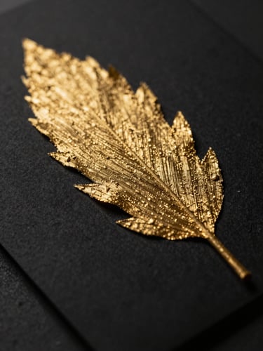 Dramatic low-key macro shot of brushed gold leaf texture on textured black paper, sharp golden-hour light, elegant depth of field