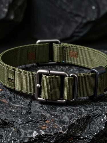 Close-up of a heavy-duty tactical dog collar made of thick nylon webbing with a steel buckle, resting on a dark textured rock, side-lit