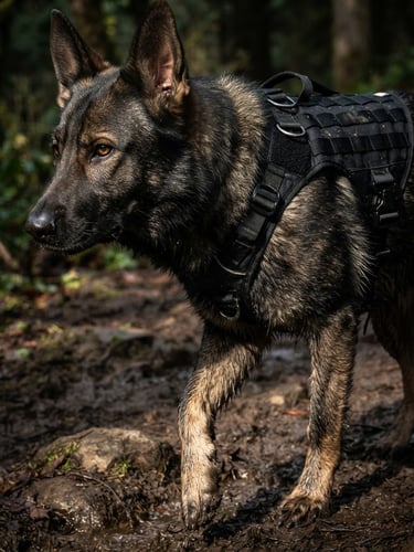 Close-up of a dark German Shepherd wearing a heavy-duty tactical nylon harness, dramatic side lighting on a muddy trail, sharp focus
