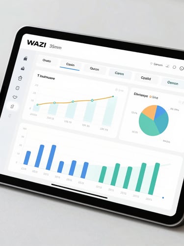 High-fidelity UI mockup of WAZI dashboard, showing clean charts and real-time cashflow data, on a modern tablet, natural daylight, crisp screenshot, soft shadows.