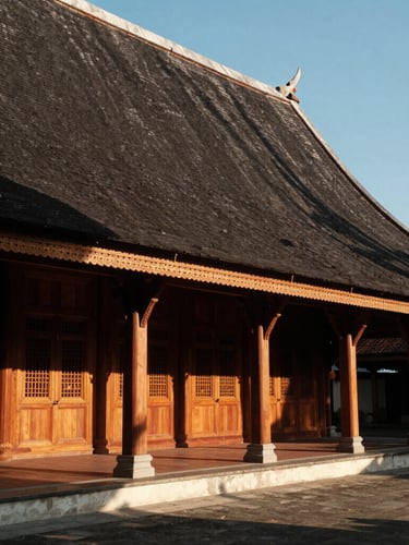 Architectural photography of a grand Javanese Joglo house at golden hour, sharp shadows through teak pillars, high contrast, 35mm lens