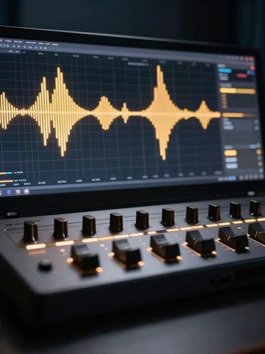 Sleek digital audio workstation interface in low-key dark lighting, glowing gold digital waveforms across a wide screen, macro lens, 35mm