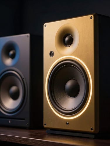 Close-up of modern studio monitors in low light, sharp gold neon accent lighting cutting through dark shadows, premium digital studio atmosphere