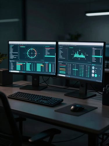 Sleek modern office workspace with dual monitors displaying complex data flows, moody cinematic studio lighting, cool teal accents, deep shadows, 50mm lens