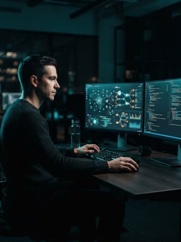 Sleek modern office workspace with dual monitors displaying complex data flows, cinematic low-key studio lighting with cool teal rim lights, deep shadows, 50mm lens