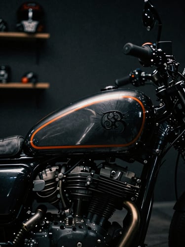 dark dramatic photography of a custom-painted motorcycle tank in a tattoo studio, sharp orange rim light, macro lens, 35mm film grain