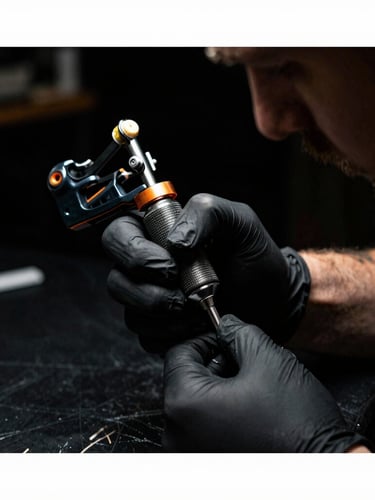 High-contrast portrait of a tattoo artist in a dark studio, single-source side lighting, macro focus on hands holding a professional coil machine, 35mm film grain