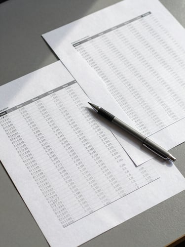 Overhead study of a clean work desk: financial report pages spread across a matte grey surface, a mechanical pencil resting on annotated columns of numbers, north-facing daylight casting sharp clean shadows across the documents, negative space on the upper left