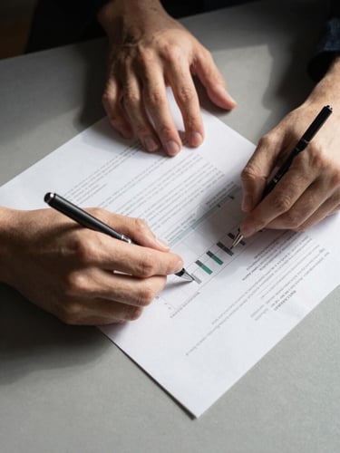 Tight overhead shot of hands reviewing a printed financial analysis document on a matte grey desk, mechanical pencil resting at the edge, north-facing daylight casting clean shadows, no people's faces, precise and analytical composition