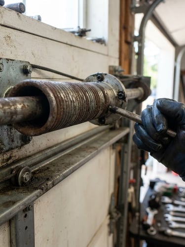 Close-up of a garage door torsion spring, showing wear and tear, with a technician's gloved hand nearby, bright natural daylight, clean industrial tones, high detail, 35mm lens.