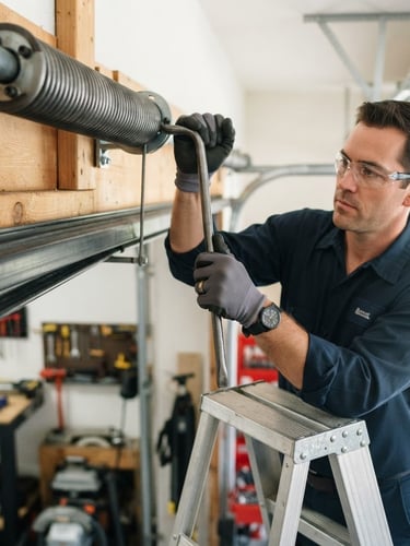 A clean-cut technician, mid-action, working on a garage door spring, hands visible with tools, bright natural daylight, close-up shot, 35mm lens.