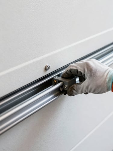 Close-up of a well-maintained garage door track and roller, with a technician's gloved hand making an adjustment, bright indoor garage lighting, high detail.