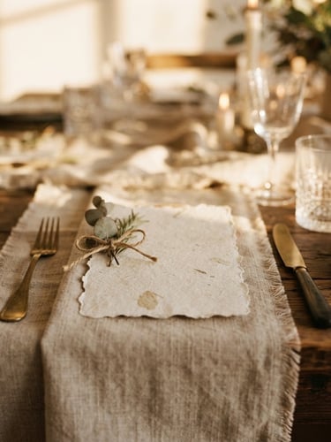 Close-up of elegant textured linen table runner with delicate handmade paper menu, warm golden hour light, soft shadows, 35mm film.