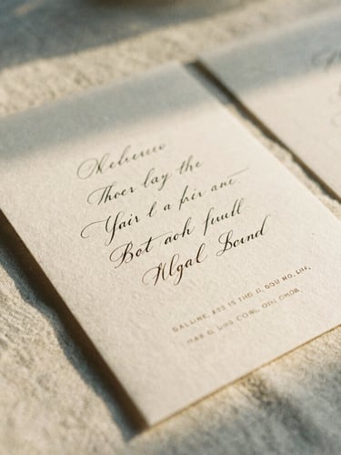 An intimate close-up of textured handmade paper wedding invitations with elegant calligraphy, resting on a raw linen tablecloth under soft golden-hour shadows, warm editorial photography, 35mm film.