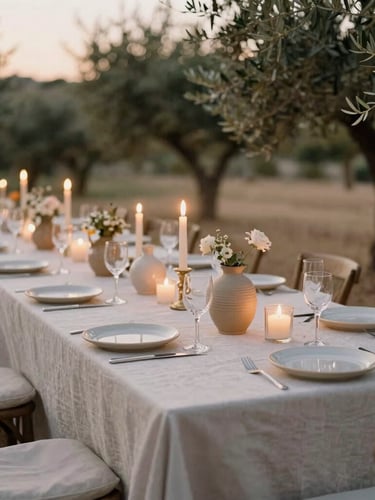 A long wedding dinner table set outdoors under olive trees, warm candlelit ambiance, textured linen tablecloth, artisanal ceramics, soft lighting