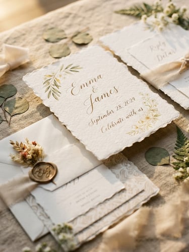 Close-up of elegant handmade paper wedding invitations with delicate calligraphy, resting on textured linen under soft natural golden-hour light