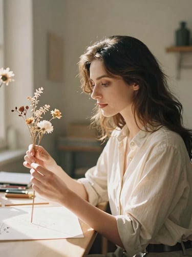 Elegant portrait of a female designer in a sunlit Parisian atelier, holding delicate dried florals, warm natural light, soft focus, 35mm film.