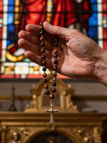 Primer plano de manos sosteniendo un rosario de madera antiguo, luz dorada de vitral iluminando los detalles, fondo desenfocado del altar