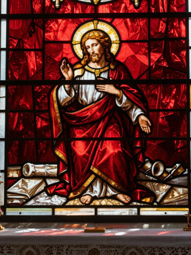 Close-up of warm sunlight filtering through a stained-glass window of the Sacred Heart of Jesus, illuminating a stone altar, rich crimson tones, shallow depth of field, 35mm