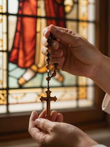 Close-up of hands holding a wooden rosary under soft golden-hour window light, warm editorial photography, shallow depth of field