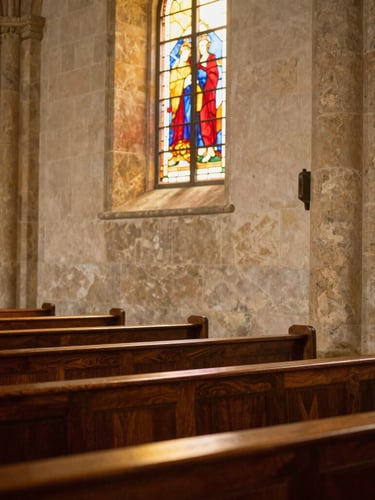 Warm editorial photography of an old Spanish parish church interior, wooden pews, stone pillars, soft golden-hour light, sacred and quiet atmosphere, 35mm