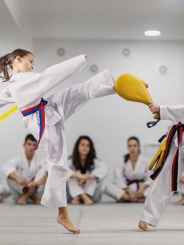 2 girls doing taekwondo on kick paddles with teenagers in background