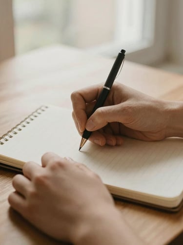 Close up of hands writing in a paper notebook on a wooden table with soft natural window light, warm editorial aesthetic