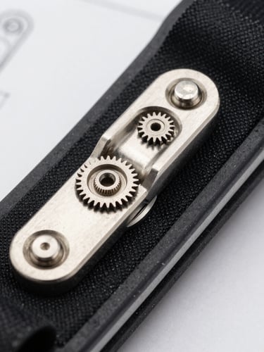 Extreme close-up macro shot of a clinical post-op orthopedic brace hinge mechanism, showing precise metallic gears and structural rivets, bright clean shadowless studio light, sterile white background, technical blueprint aesthetic.