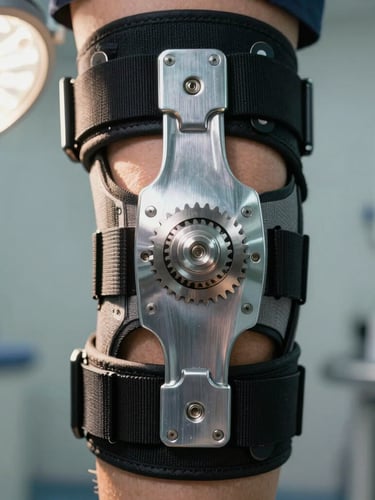 Extreme macro close-up of a clinical post-op knee brace hinge mechanism, showing precise metallic gears and structural alignment, shot in bright shadowless operating room light.