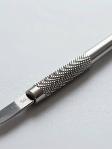 Macro close-up of a surgical steel scalpel handle, precise knurled grip texture, bright clinical lighting