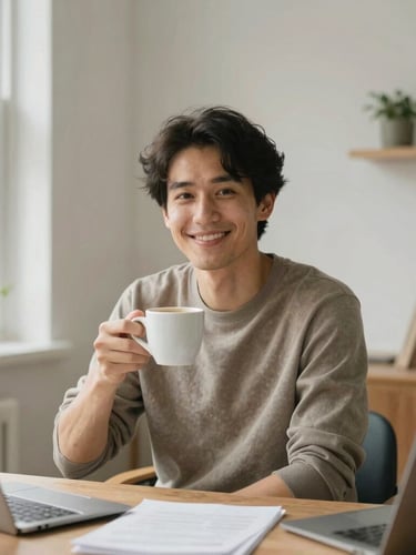 A portrait of a friendly writer sitting in a sunlit home office, holding a coffee cup, authentic and natural, 35mm