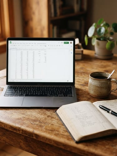 A close-up of a rustic wooden desk with a laptop showing a clean spreadsheet, a ceramic coffee mug, and a handwritten ledger under soft morning light, 35mm