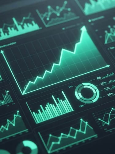 Close-up de um dashboard de analytics com gráficos de crescimento em tons de verde elétrico, sobre um fundo escuro, com foco em dados e métricas, iluminação de estúdio fria.