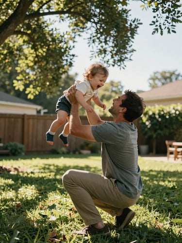 Close environmental frame — a father crouched low in a sunlit backyard lifting a laughing toddler, dappled afternoon light through tree canopy, warm skin tones, camera angle slightly wide catching the grass and open sky behind them, candid mid-motion