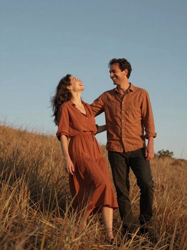 Close environmental frame, golden late-afternoon light, a couple mid-laugh on a dry grass hillside, woman's head tipped back, man's hand resting on her shoulder, warm terracotta and amber tones, camera angled slightly low to include open sky above