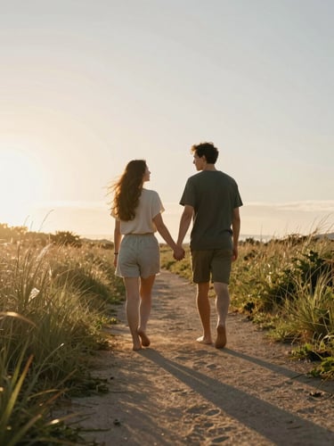 Wide environmental shot, golden-hour backlight, a couple walking barefoot on a coastal path, hands intertwined, soft sun flare from the left edge, tall grass catching the light, unposed and mid-stride