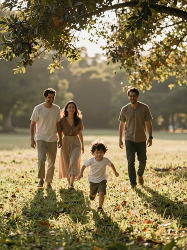 Intimate wide frame, warm afternoon sun streaming through tree cover, a family of four on a grassy open field, young child mid-run toward camera, parents and older sibling laughing behind, candid and unaware, earth-tone clothing catching golden light