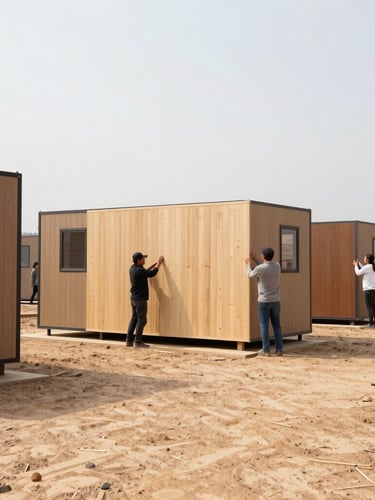 Wide environmental shot of a community-led assembly of modern modular housing units, local workers lifting a lightweight wall panel under bright overcast daylight, realistic architectural documentary photography
