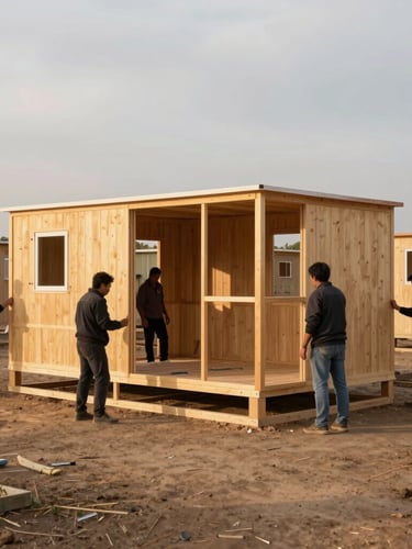 Medium-close architectural photograph of local community members actively participating in the rapid assembly of a sustainable housing unit, warm golden hour light.
