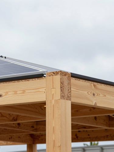 Architectural close-up of sustainable building materials, focusing on cross-laminated timber joints and integrated solar cells under soft overcast daylight